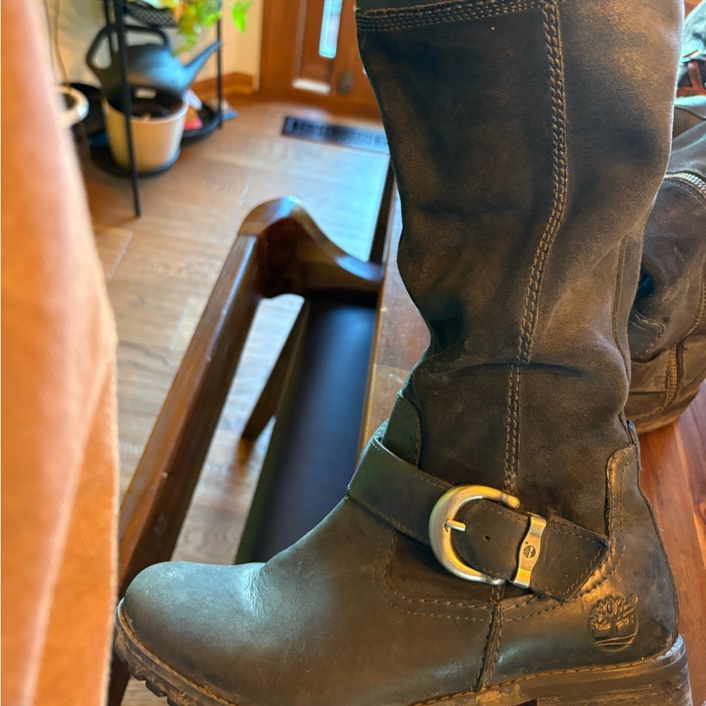 Black Leather Tall Boots with Buckle